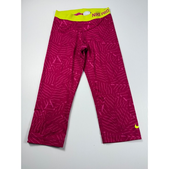 Nike Pro Capri Leggings Athletic Training Fitness Pink‎ Yellow Size M - Picture 1 of 6
